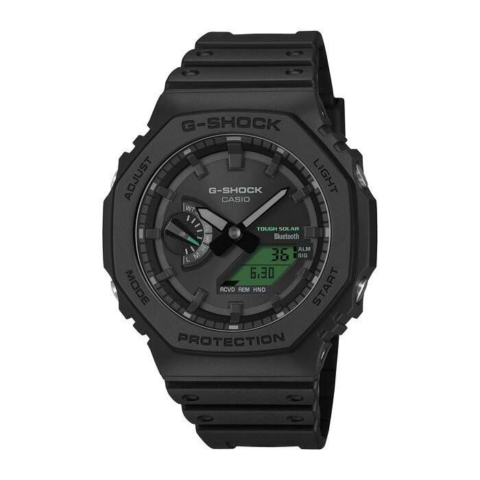 CASIO（カシオ）G-SHOCK（ジーショック） タフネスを追求し進化を続けるG-SHOCKから、新シリーズ「BLACK AND ELECTRO GREEN」のご紹介です。 ベゼル・バンド・文字板にブランドの基調色であるブラックを採用し、フェイスの液晶部分にはエレクトログリーンのカラー印刷を施すことで、視覚的なアクセントとデザイン性を高めました。 洗練されたブラックを基調に、エレクトログリーンが放つ鮮烈なコントラストで、クールかつモダンな表情を実現したシリーズです。 ブランド名CASIO（カシオ）G-SHOCK（ジーショック） サイズ（約）・幅・・・・45.4mm ・厚さ・・・11.9mm ・重量・・・約52g ・腕周り・・・145〜215mm カラー文字盤・・・ブラック、デジタル（グリーン）/バンド・・・ブラック ※実際の色と異なって見える場合がございます。 仕様●耐衝撃構造 ●タフソーラー（ソーラー充電システム ） ●20気圧防水機能 ●モバイルリンク機能（対応携帯電話とのBluetooth通信による機能連動） ●針退避機能（針が液晶表示と重なって見づらいときは、針を液晶表示の上から一時的に退避させることができます） ●ワールドタイム：世界38都市（38タイムゾーン、サマータイム自動設定機能付き）＋UTC（協定世界時）の時刻表示、ホームタイムの都市入替機能 ●ストップウオッチ（1/100秒（1時間未満）/1秒（1時間以上）、24時間計、ラップ/スプリット付き） ●タイマー（セット単位：1秒、最大セット：60分、1秒単位で計測） ●時刻アラーム5本・時報 ●バッテリーインジケーター表示 ●パワーセービング機能（暗所では一定時間が経過すると表示を消して節電します） ●フルオートカレンダー ●12/24時間制表示切替 ●操作音ON/OFF切替機能 ●日付表示（月/日表示入替） ●曜日表示（英・西・仏・独・伊・露の6ヵ国語切替） ●ダブルLEDライト：文字板用LEDライト（スーパーイルミネーター、残照機能、残照時間切替（1.5秒/3秒）付き）、LCD部用LEDバックライト（スーパーイルミネーター、残照機能、残照時間切替（1.5秒/3秒）付き） 保証期間1年間メーカー保証 配送方法宅配便 配送地域全国（離島を除く） 送料無料（当社負担） 送料区分小サイズ その他※のし・ラッピング不可/開封後返品不可/同梱発送不可 ※こちらの商品は店舗と併売の為、売り違いにより在庫切れとなる場合がございます。
