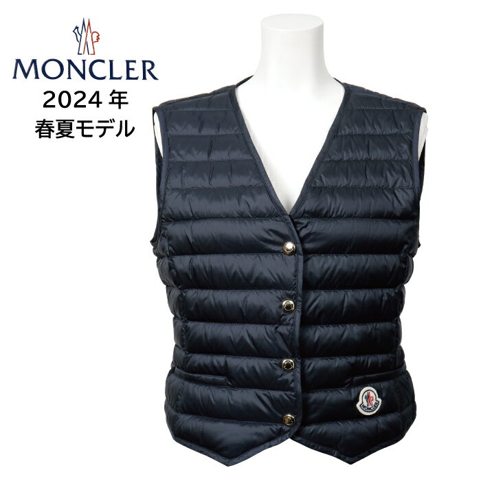 モンクレール ベスト レディース MONCLER モンクレール レディース ダウンベスト ジレ 2F00010 595FE ネイビー NAVY 紺 Vネック ゴールドスナップボタン ミニポケット ロゴ