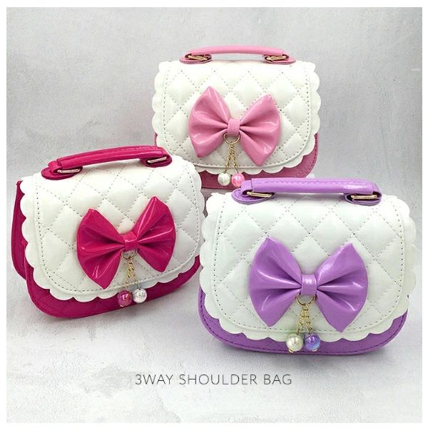 キッズ ショルダーバッグ 3WAY パールチャームリボン エナメル ハンドバッグ 肩掛け 斜め掛け 可愛い ..
