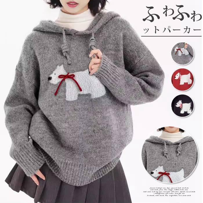 ニットパーカー レディース トップス 秋冬 長袖 チュニック 犬 フード付き ニットセーター ふわふわ 大..