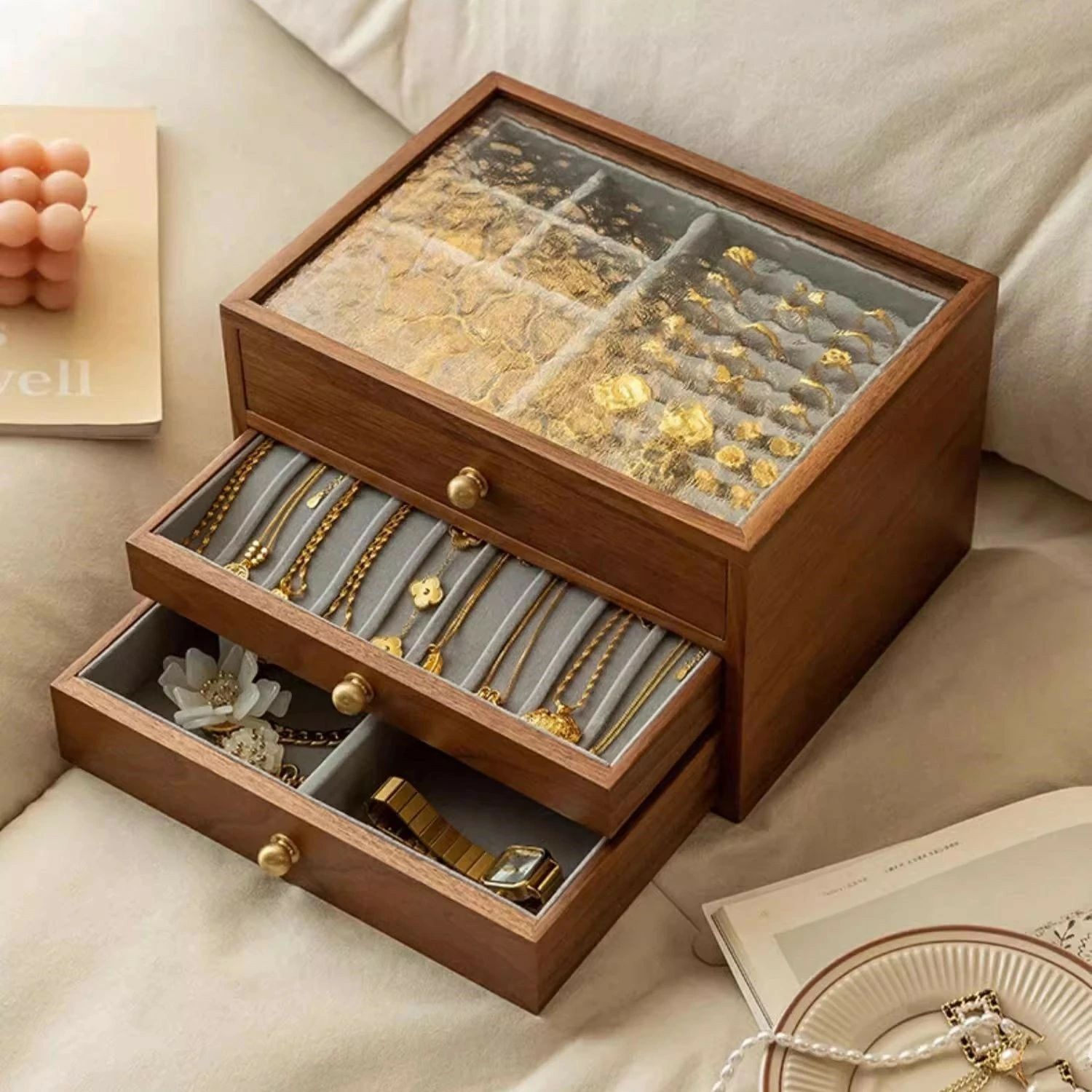 銘木 ジュエリーボックス アクセサリーケース 木製 仕切り調整 3段 大容量 ウールナット 透明 窓付き ..
