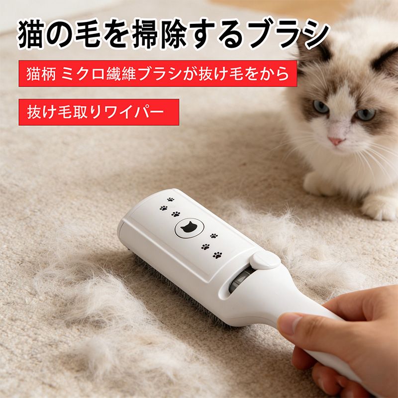 抜け毛取りワイパーR 猫柄 ミクロ繊維ブラシが抜け毛をからめとる