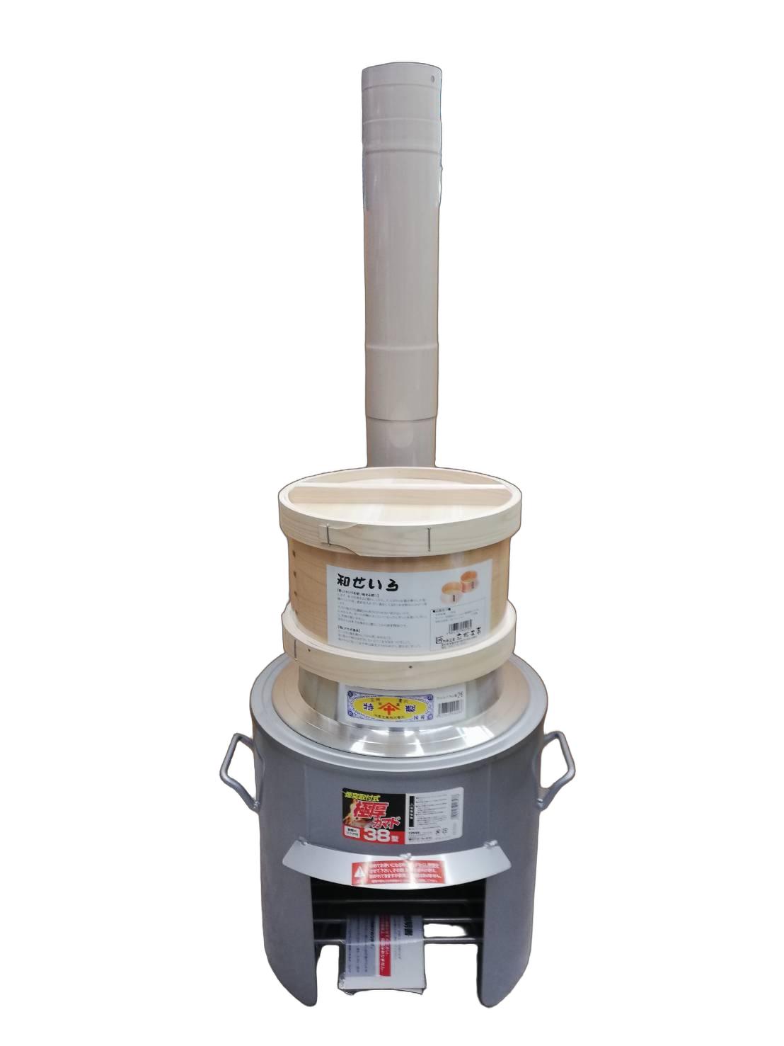 (特選国産品 お徳5点セット) 煙突付き 極厚かまど 38型 OS-0659 羽釜26cm 桧ヒノキ 丸セイロ9寸(27cm)1段重フタ付き(体1、竹ス1、蓋1) 綿ふかし布(緑1枚)