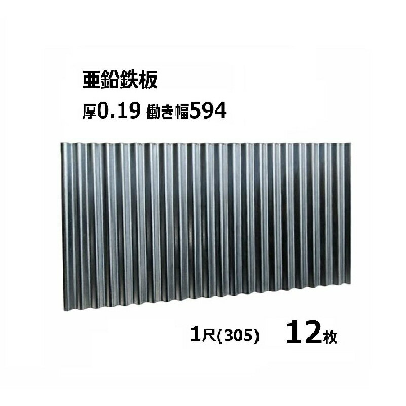12枚単位 亜鉛鉄板 波板 1尺 丸波0.19mm厚 幅650mm(有効幅594) 約305mm 梱包重量4.7kgトタン波板 銀色艶有 シルバー色 あぜ板