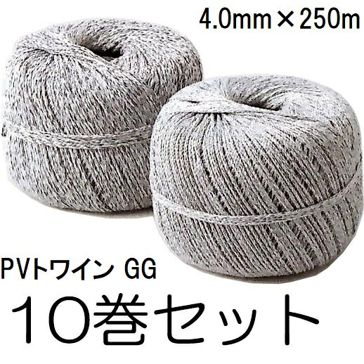 (10巻セット) 高品質 トワイン巻 PVロープ GG 4mm×250m グリーングレー ポリエチレン ポリエステル PVトワイン KPロープ 果樹の誘引・結束に (法人個人選択)