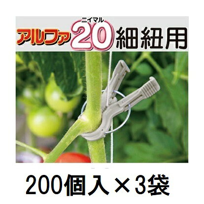 この商品は代金引換決済ができます。 支点部がダブルフックになって新登場 長期間の繰り返し誘引に対応 細紐用　紐径1.2mm 紐径1.5mmに適応 JANコード/ISBNコード：4540427001328茎保持部内径寸法 &nbsp; 販売単位（個数）をクリックで各ページへ移動します。 品名 アルファ細紐用 KA-P200 アルファF太紐用 AF-BL200 アルファ20細紐用 A20-GY200 内径&nbsp; &nbsp;24mm×24mm 24mm×24mm&nbsp; 20mm×20mm&nbsp; 販売単位 200個 2000個 200個 2000個 200個 2000個 &nbsp;品名 アルファM細紐用 AM-P220&nbsp; アルファS細紐用 AS-P240&nbsp; アルファL株元用 AL-W160&nbsp; &nbsp;内径 &nbsp;15mm×15mm &nbsp;11mm×11mm &nbsp;33mm×43mm &nbsp;販売単位 220個&nbsp; &nbsp;2200個 &nbsp;240個 2400個&nbsp; 160個&nbsp; 1600個&nbsp; 支点部がダブルフックになって新登場 長期間の繰り返し誘引に対応 細紐用アルファ 太紐用アルファ 誘引紐は ここから　移動します。 &nbsp; &nbsp; &nbsp;　【縦紐、横紐どちらにもスムーズに留められます】 　【くきタッチが使用されています】 ●くきたっちで直立誘引、くきたっちを下から上へと順次止め替えて誘引しています。 愛知県豊橋市　 &nbsp; ●くきたっちでの誘引作業簡単に茎の保持ができるので作業が楽になったと好評でした。 熊本県玉名市 ●横紐斜め誘引。茎を保持する箇所が少なくてすみ整枝作業が楽になった。好評です。熊本県八代市 &nbsp; ●紐をしっかり挟みズレないので横紐のたるみによる茎のズレが起こりにくなります。熊本県八代市 　【シーム資材が誘引作業をサポートします】 &nbsp; むすばんロック 巻き付けるだけで紐の取付け取り外しが簡単、紐の移動固定もワンタッチ。 トップフック 誘引紐の移動やロックがワンタッチ、一方方向しか動かないのでトマト、ミニトマトの長段取りに最適です。 トップメイト 生長部と誘引紐を一緒に保持することにより茎は紐に沿って伸びていくので、次の作業まで間をもたすことができます。 カケタロー・カケ次郎 トマト、ミニトマトの茎を整理することで実が地面に着かず、収量アップに、病気対策にもなります。 詳細は品名をクリックしてご覧ください。 材質　耐候性ポリプロピレン　バネ 1.8SW60Cユニクロメッキ&nbsp;&nbsp;　　 &nbsp;