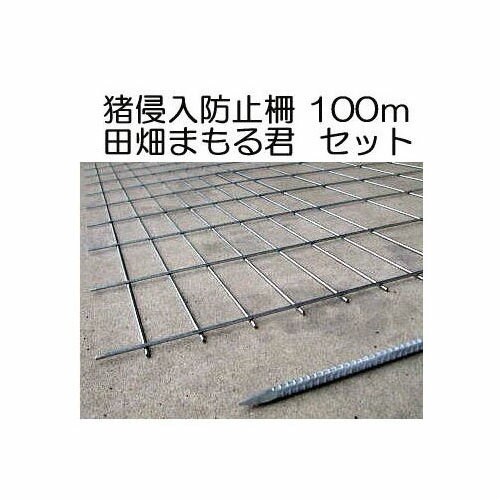 猪侵入防止柵 田畑まもる君 100mセット 線径5mm 亜鉛メッキ 高1.2m×幅2.0m 支柱、結束線付き 防獣柵