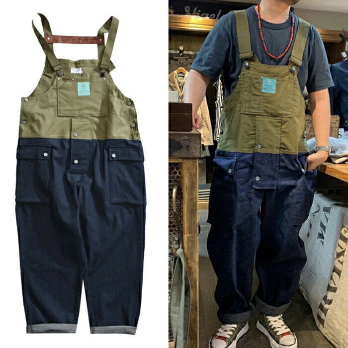 【送料無料】オーバーオール メンズ サルエルパンツ 秋冬 ゆったり オールインワン バイカラー カジュアル つなぎ 作業着 おしゃれ ズボン 大きいサイズ S-2XL