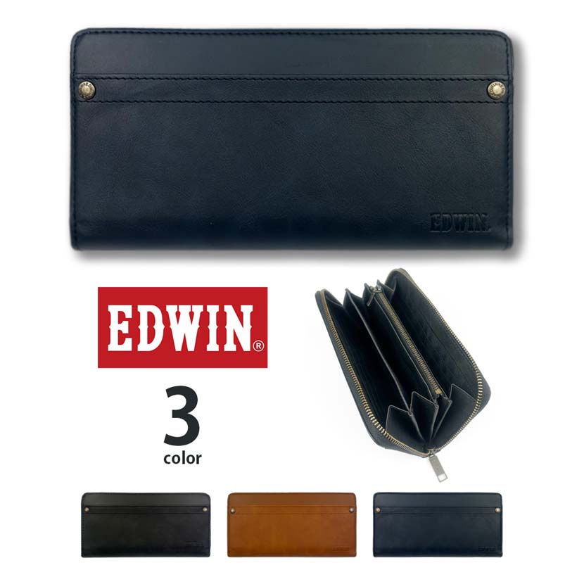 【全3色】 EDWIN エドウイン リベットデザイン ラウンドファスナー ロングウォレット 長財布 再生皮革 リサイクルレザー お札入れ メンズ レディース プレゼント（クリックポスト送料無料）
