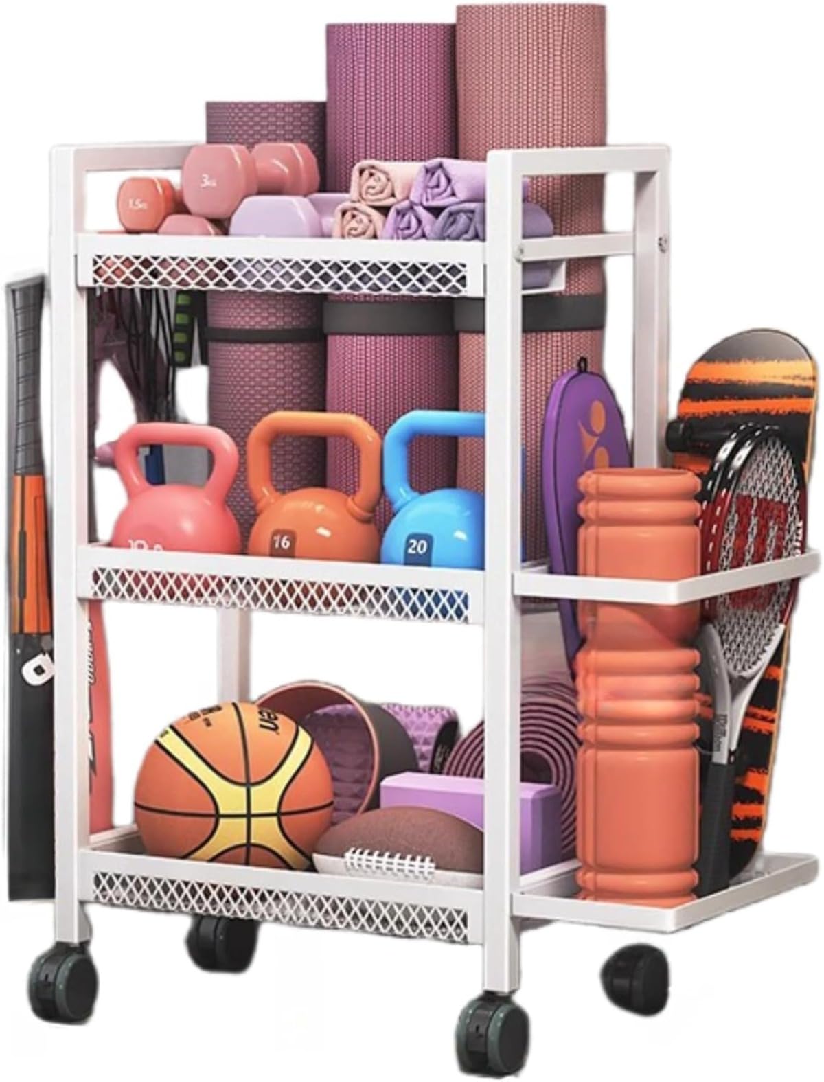 コンパクトジム収納ラック - ヨガマット/ダンベル/ケトルベル/レジスタンスバンド対応/バランスボール ..