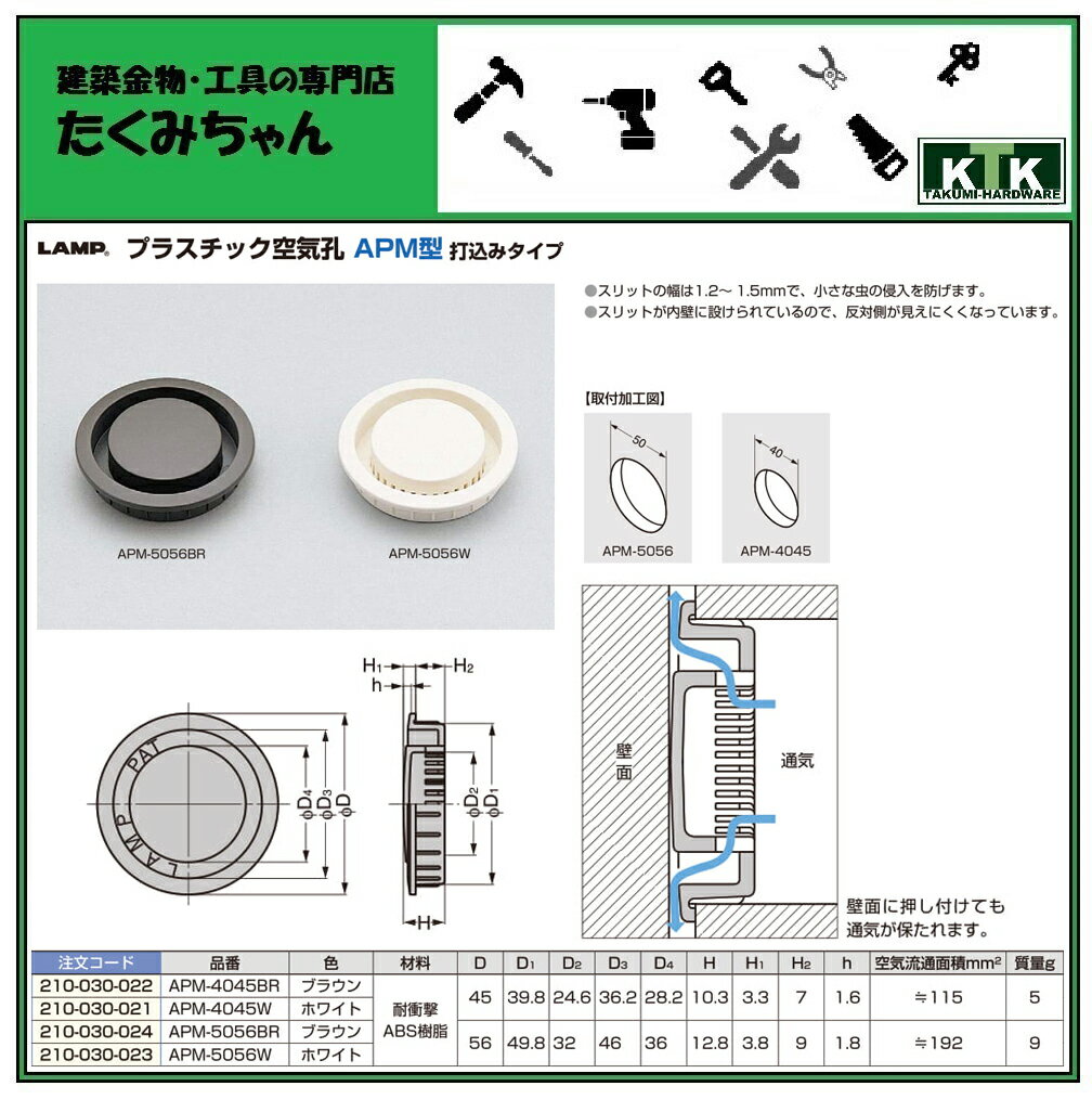 LAMP スガツネ工業プラスチック空気孔 APM型 打込みタイプ品番 APM-4045W注文コード 210-030-021材料 耐衝撃ABS樹脂色 ブラウン / ホワイト