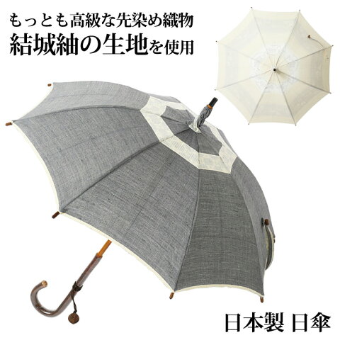 絆傘処 結城紬 婦人用 日傘 絹100％ 日本製 8本骨 グレー/白
