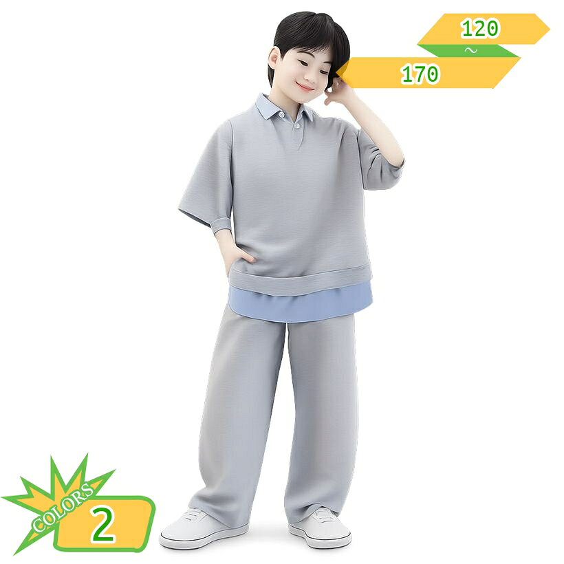 表地：コットン、ポリエステルメイン素材：綿、ポリエステル【キッズ セットアップ 男の子】レイヤード風の半袖ポロシャツとロングパンツの2点セット。おしゃれなストライプ柄の襟元がアクセントになり、1着でトレンド感のある重ね着スタイルが完成します。120から170までの幅広いサイズ展開で、通学や普段着、お出かけなど様々な日常のシーンで大活躍するカジュアルな子供服です。【男の子 ポロシャツ 半袖】重ね着風のデザインが目を引く半袖ポロシャツ。さらっとした肌触りの綿混素材を使用しており、通気性が良く軽やかな着用感を実現します。ゆったりとしたドロップショルダーのシルエットで、窮屈感がなく動きやすいため、元気なお子様のデイリーユースやスポーツシーンにもぴったりです。【スウェット ロングパンツ】セットのボトムスは、動きやすさを重視したスウェット素材のロングパンツです。ゆったりとしたワイドシルエットで体型カバー効果もあり、ウエストゴム仕様で着脱もスムーズに行えます。裾がすっきりとしたデザインなので、お気に入りのスニーカーともバランスよく合わせられます。【ストライプ襟 重ね着風】シャツを重ね着しているかのようなストライプ柄の襟と裾の切り替えデザインが特徴。シンプルになりがちなカジュアルスタイルに、上品で大人っぽい印象をプラスします。通園や通学などの日常使いはもちろん、旅行や週末のお出かけなど、ちょっとしたおしゃれを楽しみたい日にもなじみます。【子供服 上下セット 春夏秋】コーディネートに悩まない便利な上下2点セット。セットでの着用はもちろん、お手持ちのTシャツやデニムと合わせた単品コーディネートも可能です。グレーとネイビーの落ち着いたカラー展開で、様々なアウターやシューズと合わせやすく、春先から秋口までロングシーズン活躍します。【トレンドのレイヤードスタイルがこれ1着で完成する、男の子用ポロシャツ＆ロングパンツのセットアップ】おしゃれでアクティブな男の子にぴったりの、カジュアルな上下2点セットが登場しました。重ね着風（レイヤード風）にデザインされた半袖ポロシャツと、リラックス感のあるスウェットロングパンツの組み合わせで、コーディネートに迷うことなくトレンドスタイルが完成します。通学、通園、普段着としてはもちろん、旅行や週末のお出かけなど、様々なシーンで活躍するなアイテムです。【こだわりのデザインとシルエット】トップスは、首元と裾部分にストライプ柄のシャツ生地をドッキングした重ね着風デザイン。シンプルになりがちなTシャツスタイルとは一線を画す、上品で大人っぽいクラシックな雰囲気を演出します。肩のラインを落としたドロップショルダーのゆったりとしたシルエットは、トレンド感をプラスするだけでなく、腕まわりの動きやすさも確保しています。胸元にはシンプルなワンポイント刺繍があしらわれ、全体のデザインをさりげなく引き締めます。ボトムスは、程よい太さのワイドスウェットパンツで、すっきりとした印象を与えつつ体型カバーも叶えます。【やわらかくさらっとした着用感】毎日着用するものだからこそ、素材感と肌触りにこだわりました。本製品は綿を主素材とした柔らかいスウェット生地を使用しており、しっとりとしたなめらかな手触りが特徴です。さらっとした質感で通気性にも優れているため、汗をかきやすい季節でも軽やかに着用いただけます。程よい厚みの生地感で、春、夏、秋と3シーズンにわたって長くお使いいただけます。パンツのウエスト部分は伸縮性のあるゴム仕様になっており、お腹を締め付けず、活発に動くお子様の動きに優しくフィットします。【コーディネートの幅が広がるセパレート使い】上下セットでのスタイリングはもちろん、それぞれ単品としても着回せるのがこのセットアップの魅力です。ポロシャツはお手持ちのデニムパンツやハーフパンツ、チノパンなどと合わせることで、また違った雰囲気のカジュアルコーデが楽しめます。スウェットパンツは、シンプルなカットソーやパーカーと合わせて、デイリーな部屋着や軽めのスポーツウェアとしても活躍。落ち着いたグレーとネイビーの2色展開で、どんなアイテムともコーディネートしやすいのがポイントです。【幅広いサイズ展開でギフトにも】サイズは120cmから170cmまで豊富に取り揃えており、小学校低学年から中学生（ジュニア）までのお子様に対応しています。ゆったりとしたサイズ感で作られているため、ジャストサイズで着るのも、ワンサイズ大きめを選んで今っぽいオーバーサイズスタイルを楽しむのもです。誕生日プレゼントやお祝いなどのギフトとしても喜ばれる、デザイン性と実用性を兼ね備えた一着です。【お取り扱い上のご注意】・お洗濯の際は、型崩れを防ぐため洗濯ネットのご使用をします。・濃色（ネイビー）は色落ちする場合がございますので、他の物と分けて洗ってください。・平置きでの採寸のため、サイズ表の数値と若干の誤差が生じる場合がございます。・お使いのモニター環境により、実物の色味と異なって見える場合がございますのでご了承ください。本ページに記載されている用語は検索参考用であり、商品の詳細は正式男の子 お出かけ セットアップ ゆったり ポロシャツ 半袖 レイヤード風 上下セット キッズ スウェットロングパンツ 重ね着風 ストライプ襟 ジュニア ボーイズ カジュアル 子供服男の子 ポロシャツ セットアップ ゆったり 半袖 レイヤード風 上下セット キッズ スウェットパンツ ロングパンツ 重ね着風 ストライプ襟 ジュニア ボーイズ 子供服 通学 春夏秋キッズ スウェット セットアップ 男の子 ゆったり ポロシャツ 半袖 レイヤード風 上下セット ジュニア ロングパンツ 重ね着風 ストライプ襟 ボーイズ 子供服 スポーツ 春夏秋男の子 お出かけ セットアップ ゆったり ポロシャツ 半袖 レイヤード風 上下セット キッズ スウェットロングパンツ 重ね着風 ストライプ襟 ジュニア ボーイズ カジュアル 春夏秋
