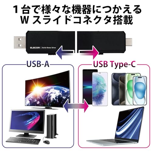 エレコム 外付けSSD 1TB USB3.2(Gen1)対応 PS5/PS4(メーカー動作確認済) スライド式 Type-CType-A両対応 ブラック ESD-EWA1000GBK