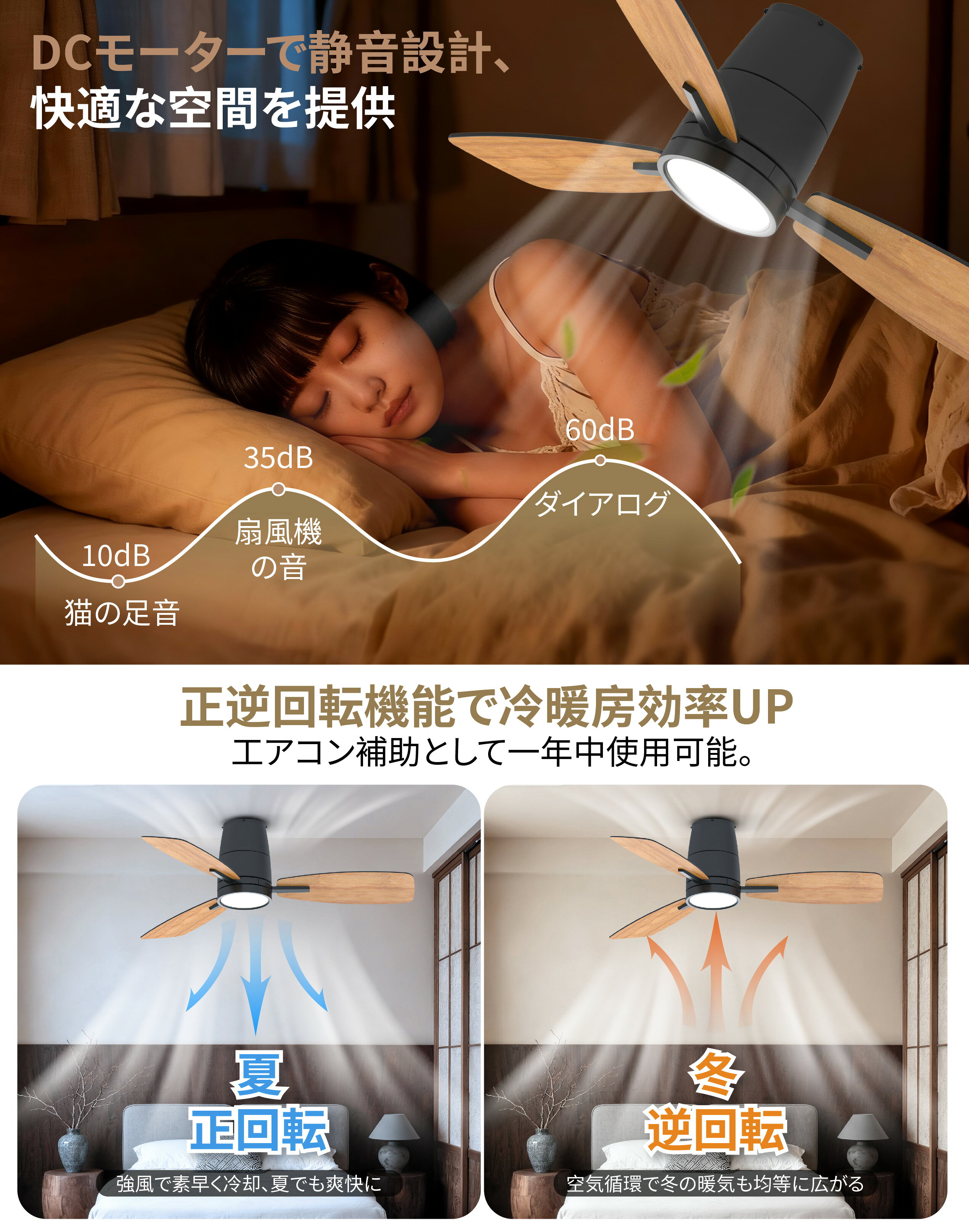 TALOYA楽天市場店のTALOYA シーリングファンライト Φ106cm 3枚羽根 LED調光調色 6〜10畳 DCモーター 静音 風速6段階 正逆回転 リモコン付き おしゃれ｜アングル2