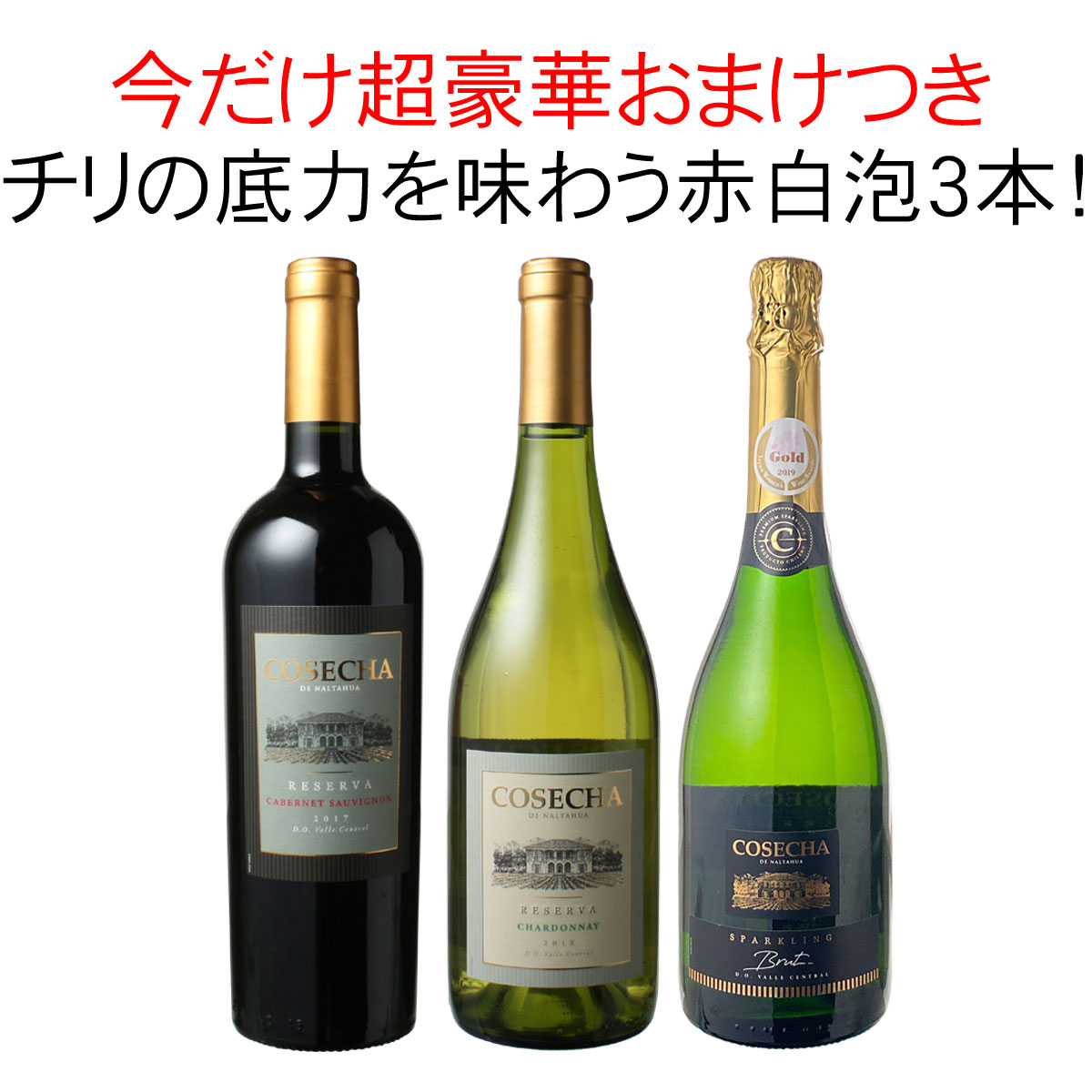 今だけ豪華おまけつき！チリワインの底力が味わえる、コセチャ赤・白・スパークリング3本セット！ 家飲み 御祝 誕生日 結婚祝い ギフト プレゼント カベルネ・ソーヴィニヨン シャルドネ