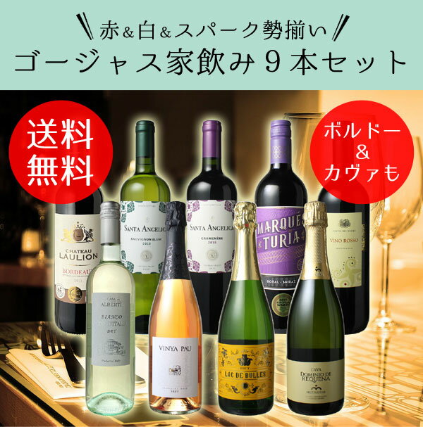 【スーパーSALE限定半額】【送料無料】ワインセット ボルドーもカヴァも入ったゴージャス家飲み9本セット 赤ワイン 白ワイン スパークリング 全部入り お家で毎日ワイン三昧 父の日 御祝 誕生日 結婚祝い 第42弾