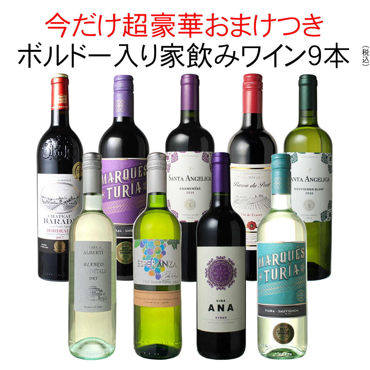 【スーパーSALE限定半額】【送料無料】ワインセット 家飲み ワイン 9本 セット ボルドー入 赤ワイン 白ワイン デイリーワイン 飲み比べ パーティー おうちで満喫 父の日 御祝 誕生日 結婚祝い 第97弾