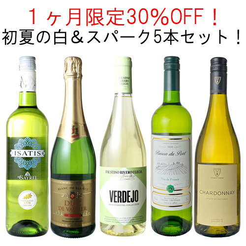 【送料無料】1ヶ月限定30%OFF！ 爽やか白ワインとスパークリング 5本セット ワインセットフランス スペイン 5月31日まで【Pup】