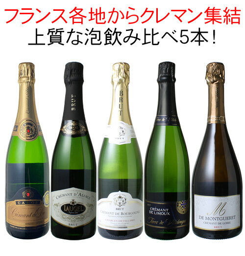 【送料無料】ワインセット クレマン 飲み比べ 5本 セット スパークリング シャンパン製法 瓶内二次発酵 父の日 ギフト 家飲み 御祝 誕生日 結婚祝い プレゼント パーティー クレマンだけ 第26弾【CHS】【Pup】