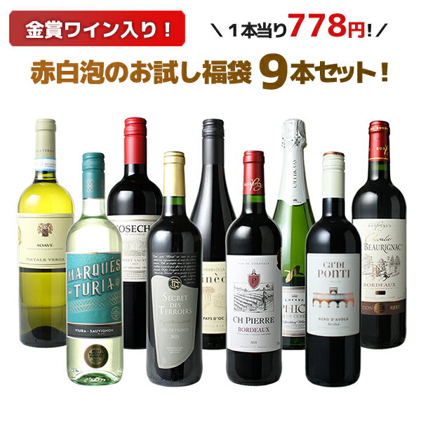 【300円分クーポン付き】【送料無料】ワインセット お試し 福袋 9本 セット 金賞入 赤ワイン 白ワイン スパークリングワイン 中身の見える 家飲み 御祝 誕生日 結婚祝い ギフト 178弾のサムネイル