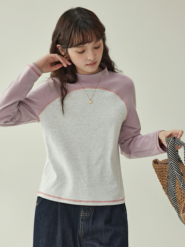 「北島AMUU」レディース 冬新作 コントラストカラー 反転縦線 起毛加工 Tシャツ ハーフタートルネック レイヤード用 長袖
