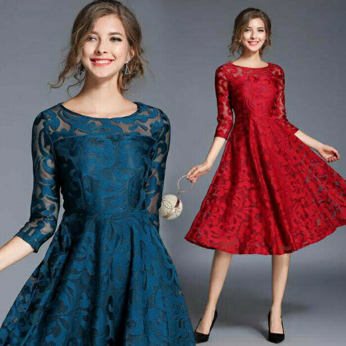 Rakuten - パーティードレスミモレ丈 結婚式 お呼ばれ パーティードレス ミモレ丈 ワンピース 二次会 ゲストドレワンピース 袖あり透け感レース 2 服装 同窓会 大人の魅力パーティードレス