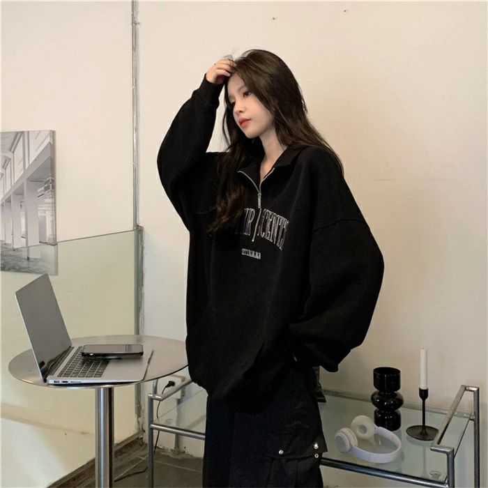 体型カバ ストリート系 プリント ファッション 韓国風 ゆったり シンプル ハーフジッパー 長袖 パーカー レディース トレーナー 3