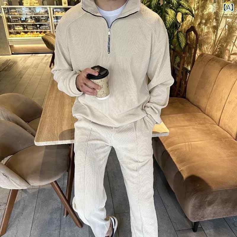 Rakuten - スウェット メンズ 男性用 スタンドカラー ハーフジップ トレーナー セットアップ 上下セット コーデュロイ ポリエステル カジュアル 普段使い 部屋着 ネイビー 黒 春夏