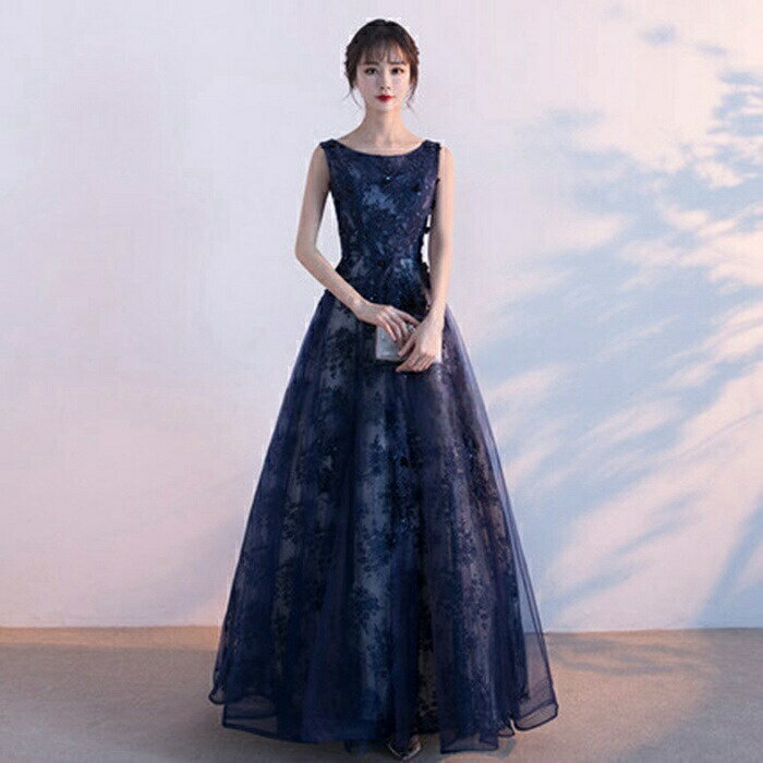 乐天商城 - パーティードレス 結婚式 Aライン 二次会ドレス ネイビー ウェディングドレス ロングドレス レディース 編み上げ ラウンドネック結婚式 フェミニン お呼ばれ 忘年会 パーテー