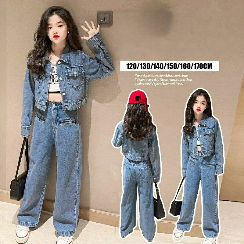 乐天商城 - 子供 デニムセットアップ キッズ ダンス衣装 シャツ 子供服 長袖 コート ロングパンツ デニム 女の子 トップス ヒップホップ