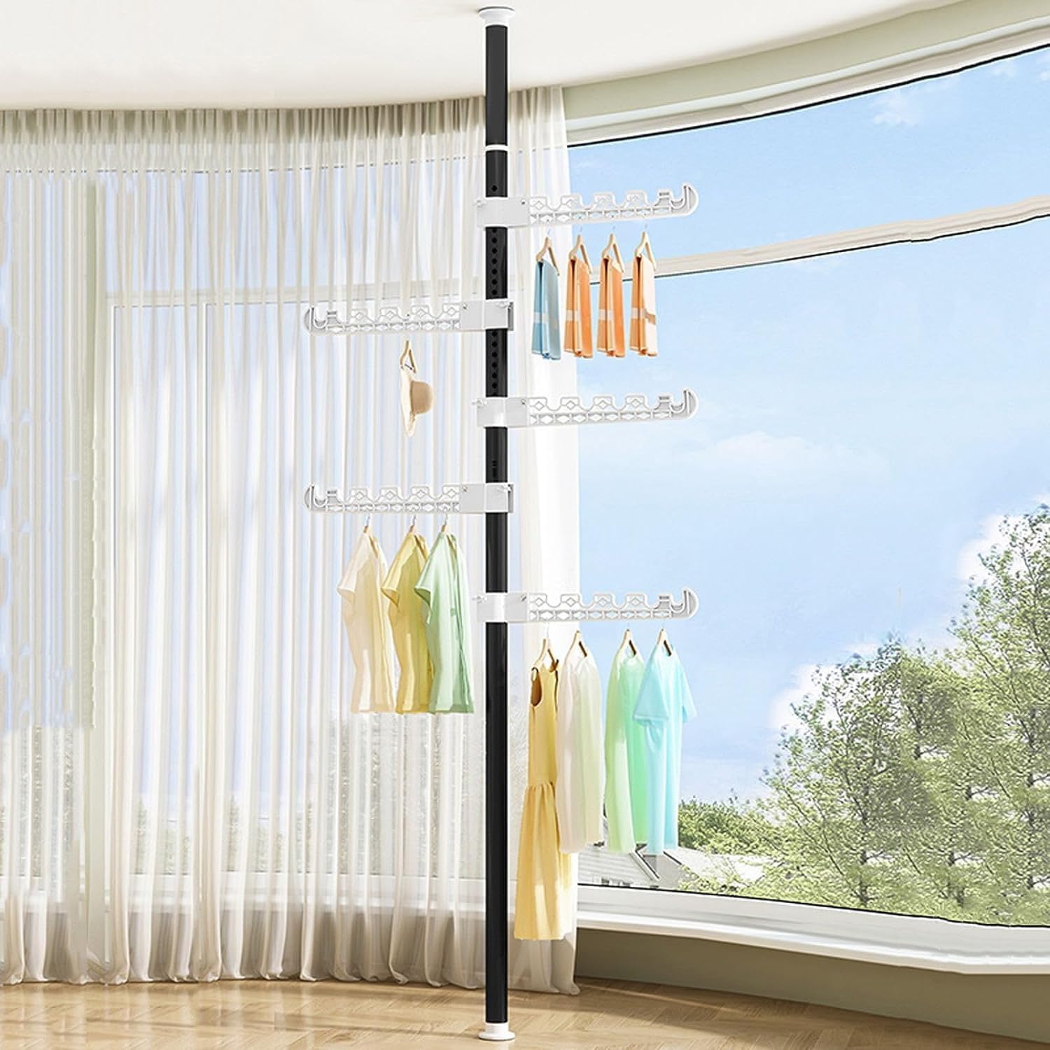 Rakuten - 室内物干し 折りたたみ 洋服掛け用衣類ラック 物干しポール 廊下用 ポータブル屋内衣類コート乾燥ラック玄関 高さ調節可能なDIY床から天井までランドリーラックオーガナイザー