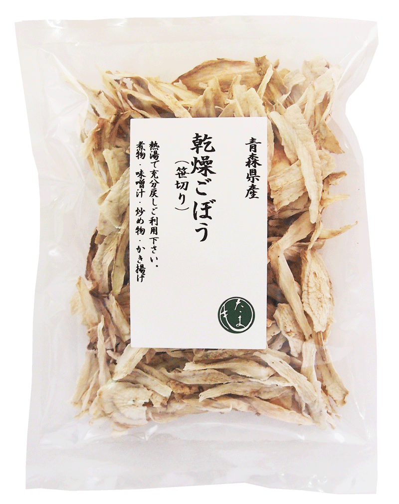 商品名青森県産乾燥ごぼう(笹切り)25g名称乾燥野菜原材料名ごぼう(青森県産)内容量25gお召し上がり方熱湯で充分戻し御使用下さい。特徴青森県産のごぼうを新鮮なうちに笹切りにし乾燥しました。 熱湯で戻すだけで簡単にさまざまな料理にお使いいただけます。保存方法直射日光、高温多湿を避け冷暗所にて保存栄養成分表示 (100gあたり)エネルギー　371kcal たんぱく質　12．6g 脂質　　　　0．7g 炭水化物　　78．5g 食塩相当量　0．1g (推定値)加工者株式会社リアス