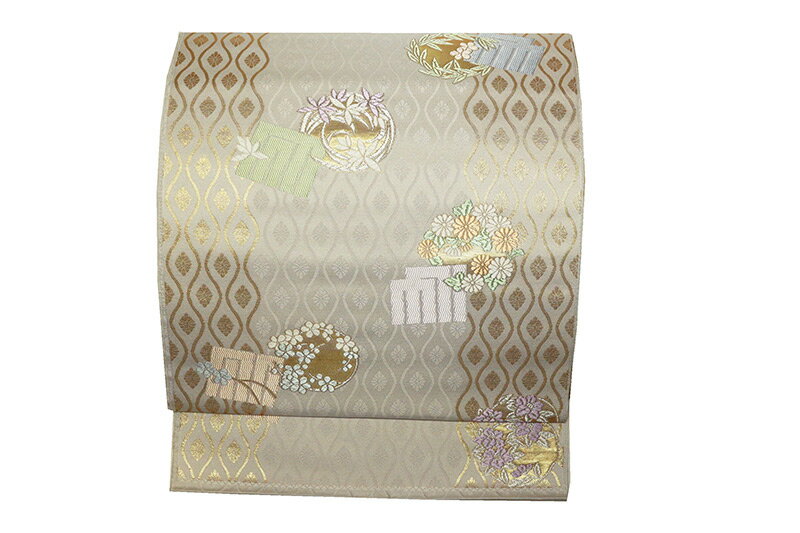 正絹　九寸帯　立涌に花の丸　グレー　名古屋帯　佐々木染織　未仕立　西陣織　日本製