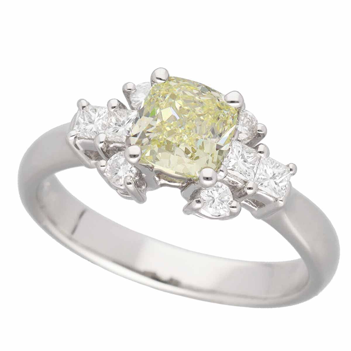 Rakuten - クッションカットイエローダイヤモンド(1.21ct U to V Range-VVS2)サイドダイヤモンド(0.37ct)リング Pt950 プラチナ 日本サイズ約14号 #54 鑑定書【送料無料】【代引き手数料無料】指輪【中古】23060202