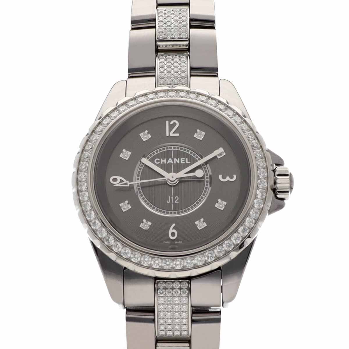 CHANEL シャネル J12 ダイヤモンド クロマティック 33mm ベゼル ブレスダイヤ H3105 グレー文字盤 17cm クオーツ チタン セラミック SWISS MADE【送料無料】レディース【中古】22821108