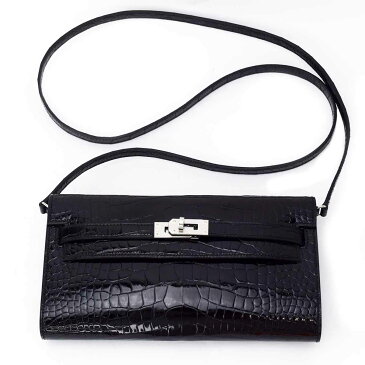 【未使用品】Hermes エルメス Kelly to go ケリー トゥーゴー ウォレット 長財布 クロコダイル アリゲーター シャイニー ブラック ノアール 黒 シルバー金具 ストラップ Y刻印 【送料無料】レディース ショルダーバッグ【代引き無料】21260401