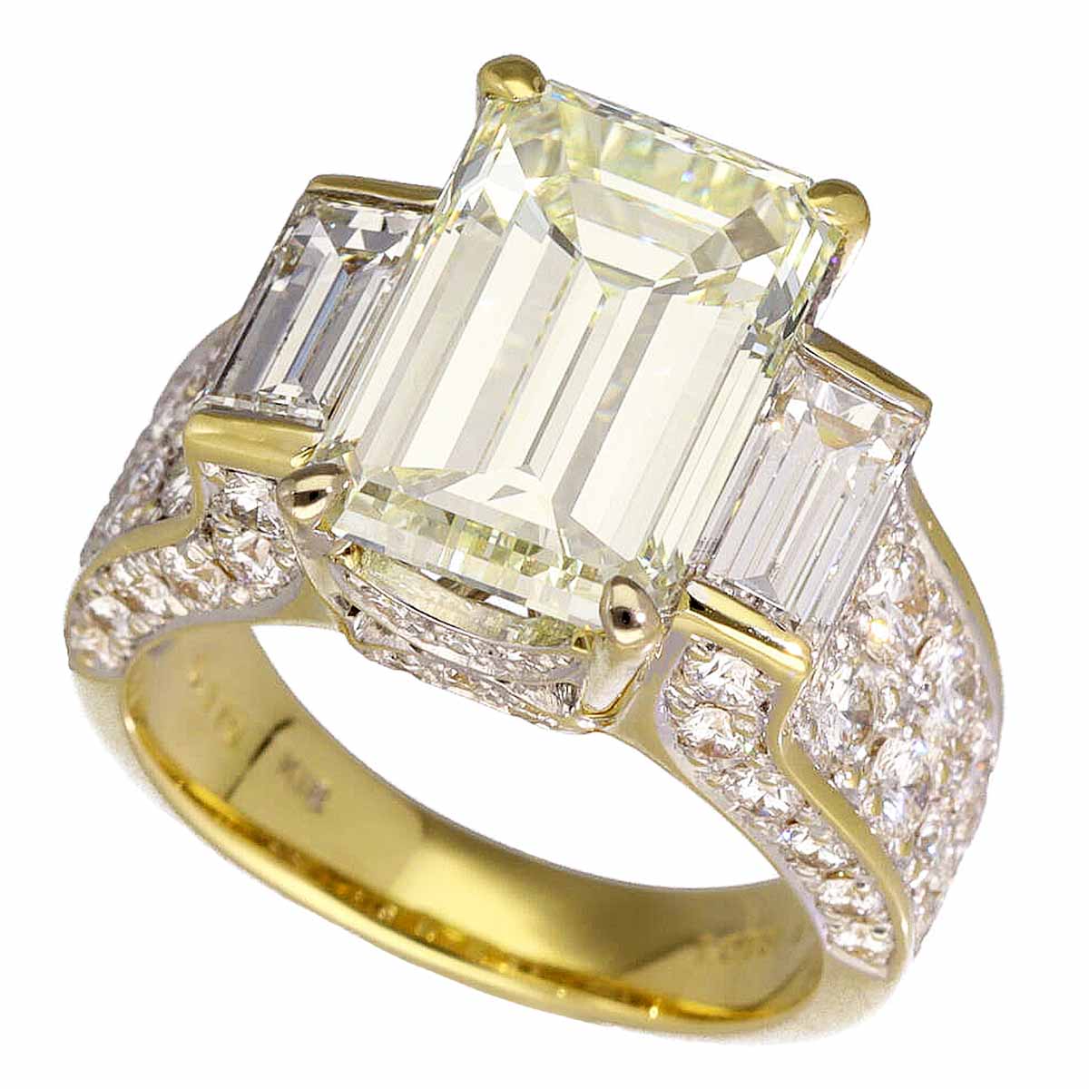 エメラルドカット ダイヤモンド(5.179ct N-VS1) ダイヤモンド(1.018ct/1.47ct) リング 750 K18 YG イエローゴールド 日本サイズ約10号 #50 鑑定書【送料無料】【代引き手数料無料】レディース 指輪【中古】21650802