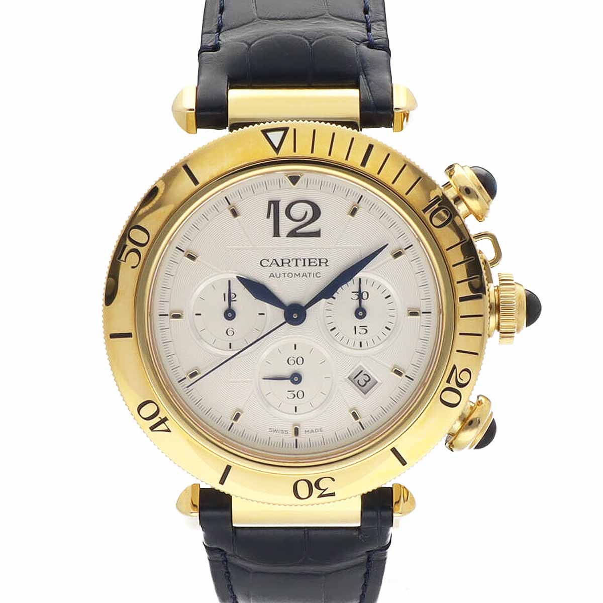 Cartier カルティエ パシャ ドゥ カルティエ LM 41mm WGPA0017 750 K18 YG イエローゴールド クロノグラフ シルバー文字盤 自動巻き ネイビーブルーレザーストラップ SWISS MADE【送料無料】【代引き手数料無料】【中古】23070224