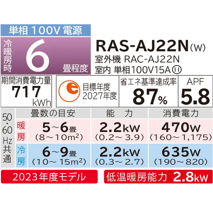 日立 エアコン 6畳 白くまくん RAS-AJ22N-W 2023年モデル AJシリーズ おもに6畳用 単相100V スターホワイト ルームエアコン リモコン 家庭用エアコン