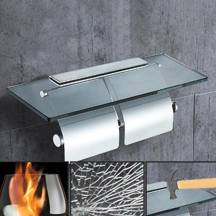 強化ガラス棚付きトイレットペーパーホルダーガラス棚には7mmと厚めの強化ガラスを採用。ガラス棚の四隅は手を傷つけないように丸みを帯びているので、安心してご使用頂けます。ホルダー部分はクロムメッキ加工を行っております。 そのため壊れにくい変形...