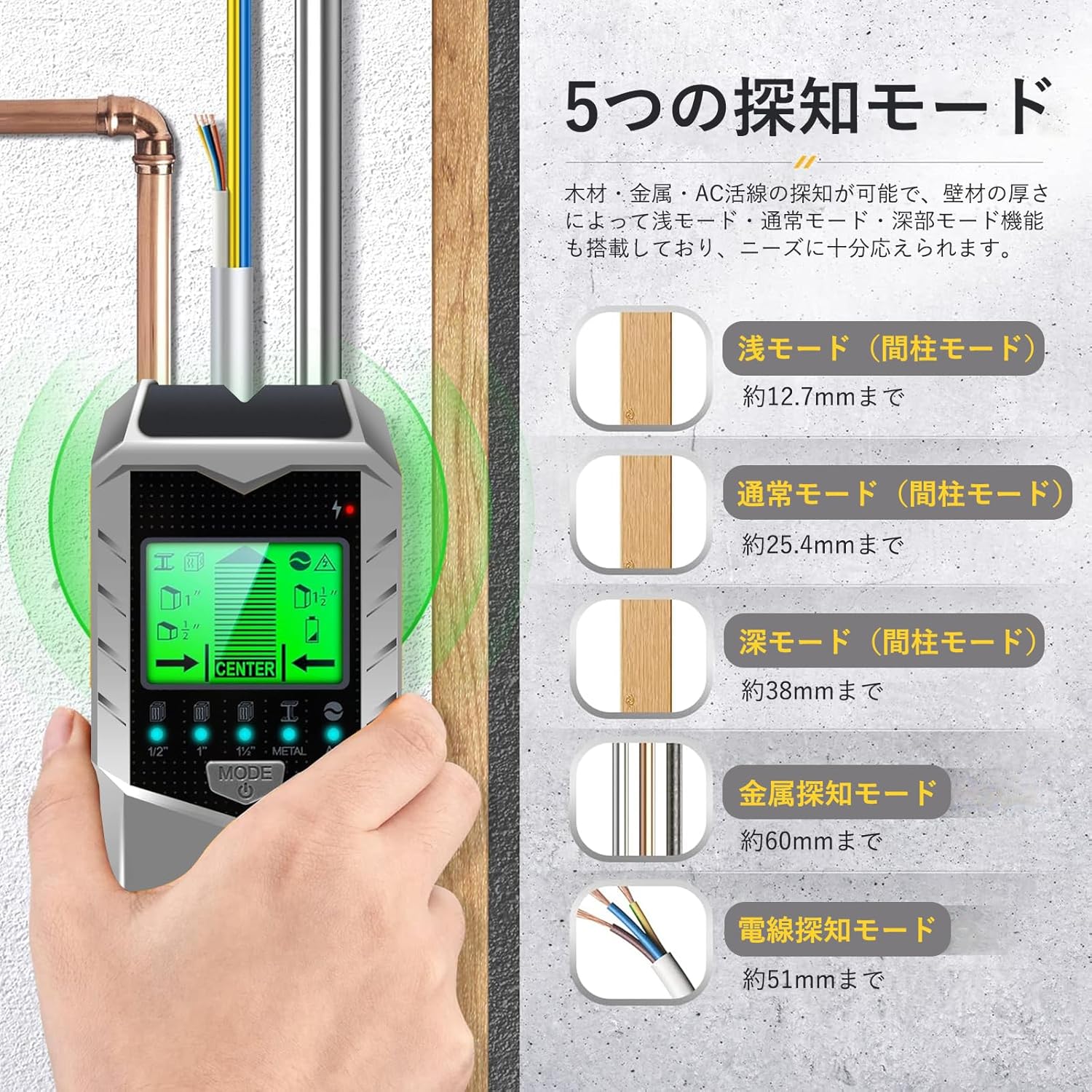 【5つのモード＆木材と金属の区別可能】壁に穴を開けずに1台で間柱梁探知「深モード、通常モード、浅モード」、金属探知、電源探知の5つのモードを搭載し、木材プラスチック金属AC活線など様々な下地の素材を検知できる壁の下地探しです。壁の厚さによって間柱センサーのモードを切り替え可能で、木材と金属の判断も可能。電線警告機能搭載なので作業時に電線などを釘やネジで傷つけることなく安心して作業できます。【より速くより深くより正確】高感度センサーチップを採用し、安定性と高精度を実現。正確な探知作業が可能です。探知範囲も広く、最大探知深さは浅モード12.7mm、通常モード25.4mm、深モード38mm、金属60mm、電線51mmまで対応。壁裏探知の正確性を確保するために校正機能も備えています。初期設定の場所を変えることで検知精度も調整可能です。【一目瞭然＆操作簡単】大型液晶画面を搭載し、文字も大きくはっきり表示されるため、一目で測定結果がわかり作業を妨げません。バックライト付きで暗い場所でも使用可能。矢印型ライト、液晶表示、ブザー音で素材の種類や下地の端や中心位置を知らせます。壁を水平に動かすだけで初心者でもDIYで気軽に使える扱いやすい壁裏探知機です。上部にはマーキング用鉛筆穴もあり、簡単に印をつけられます。【保護設計＆使いやすい設計】保護テープを採用し壁面を保護しながら、壁裏の部材を安定して探知。グリップ部分は握りやすく滑りにくく、約210gの軽量設計。サイズは幅176mm×奥行き72mm×高さ37mmのコンパクトサイズで高い操作性を両立。電線だけでなく樹脂配管や石膏ボード、ベニヤ板の壁にある柱や天井の鉄骨も素早く検知します。【自動オフ機能＆安心の1年保証】自動で約3分後に電源オフになる機能を搭載し、長時間連続使用にも対応。磁石の力を利用して壁内部の釘やビスネジを探知できるマグネットタイプの鉄筋探査機です。工事やプロの建設現場はもちろん、DIYや家具の取り付けにもおすすめ。転倒防止器具や時計、インテリア雑貨の取り付けなどあらゆるシーンで活躍します。【5つのモード＆木材と金属の区別可能】壁に穴を開けずに1台で間柱梁探知「深モード、通常モード、浅モード」、金属探知、電源探知の5つのモードを搭載し、木材プラスチック金属AC活線など様々な下地の素材を検知できる壁の下地探しです。壁の厚さによって間柱センサーのモードを切り替え可能で、木材と金属の判断も可能。電線警告機能搭載なので作業時に電線などを釘やネジで傷つけることなく安心して作業できます。【より速くより深くより正確】高感度センサーチップを採用し、安定性と高精度を実現。正確な探知作業が可能です。探知範囲も広く、最大探知深さは浅モード12.7mm、通常モード25.4mm、深モード38mm、金属60mm、電線51mmまで対応。壁裏探知の正確性を確保するために校正機能も備えています。初期設定の場所を変えることで検知精度も調整可能です。【一目瞭然＆操作簡単】大型液晶画面を搭載し、文字も大きくはっきり表示されるため、一目で測定結果がわかり作業を妨げません。バックライト付きで暗い場所でも使用可能。矢印型ライト、液晶表示、ブザー音で素材の種類や下地の端や中心位置を知らせます。壁を水平に動かすだけで初心者でもDIYで気軽に使える扱いやすい壁裏探知機です。上部にはマーキング用鉛筆穴もあり、簡単に印をつけられます。【保護設計＆使いやすい設計】保護テープを採用し壁面を保護しながら、壁裏の部材を安定して探知。グリップ部分は握りやすく滑りにくく、約210gの軽量設計。サイズは幅176mm×奥行き72mm×高さ37mmのコンパクトサイズで高い操作性を両立。電線だけでなく樹脂配管や石膏ボード、ベニヤ板の壁にある柱や天井の鉄骨も素早く検知します。【自動オフ機能＆安心の1年保証】自動で約3分後に電源オフになる機能を搭載し、長時間連続使用にも対応。磁石の力を利用して壁内部の釘やビスネジを探知できるマグネットタイプの鉄筋探査機です。工事やプロの建設現場はもちろん、DIYや家具の取り付けにもおすすめ。転倒防止器具や時計、インテリア雑貨の取り付けなどあらゆるシーンで活躍します。