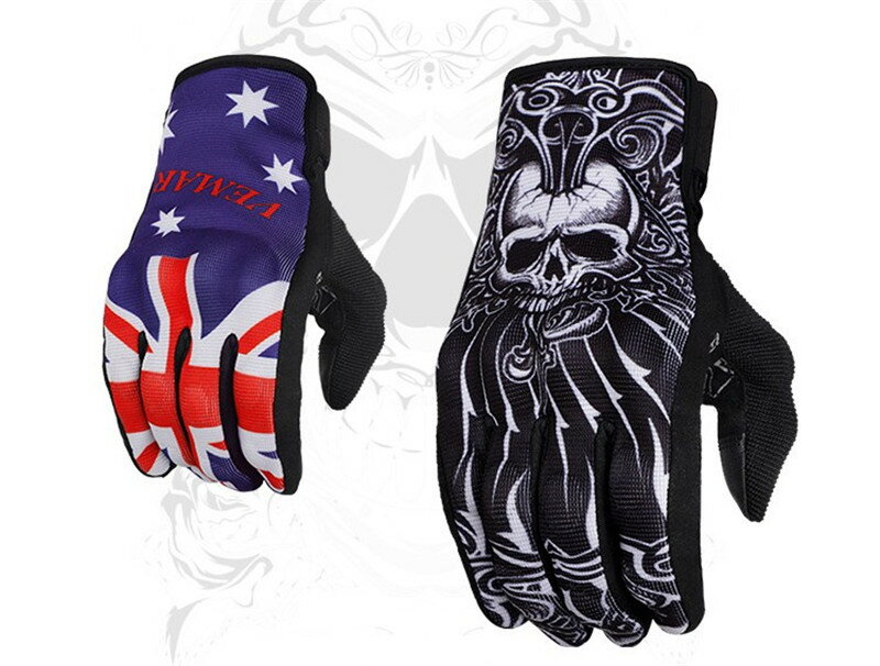 バイクグローブ　バイク手袋　長指　スマホ対応　お釣り　アウトドア　自転車用　サイクルグローブ　髑髏柄　ナックル保護　旗柄　滑り止め　春夏用　作業用