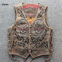 ベスト 本革 ロック風 刺繍 髑髏柄 レザーベスト ユーズド加工 ライダースベスト 牛革ベスト バイク用ベスト 牛革 メンズ