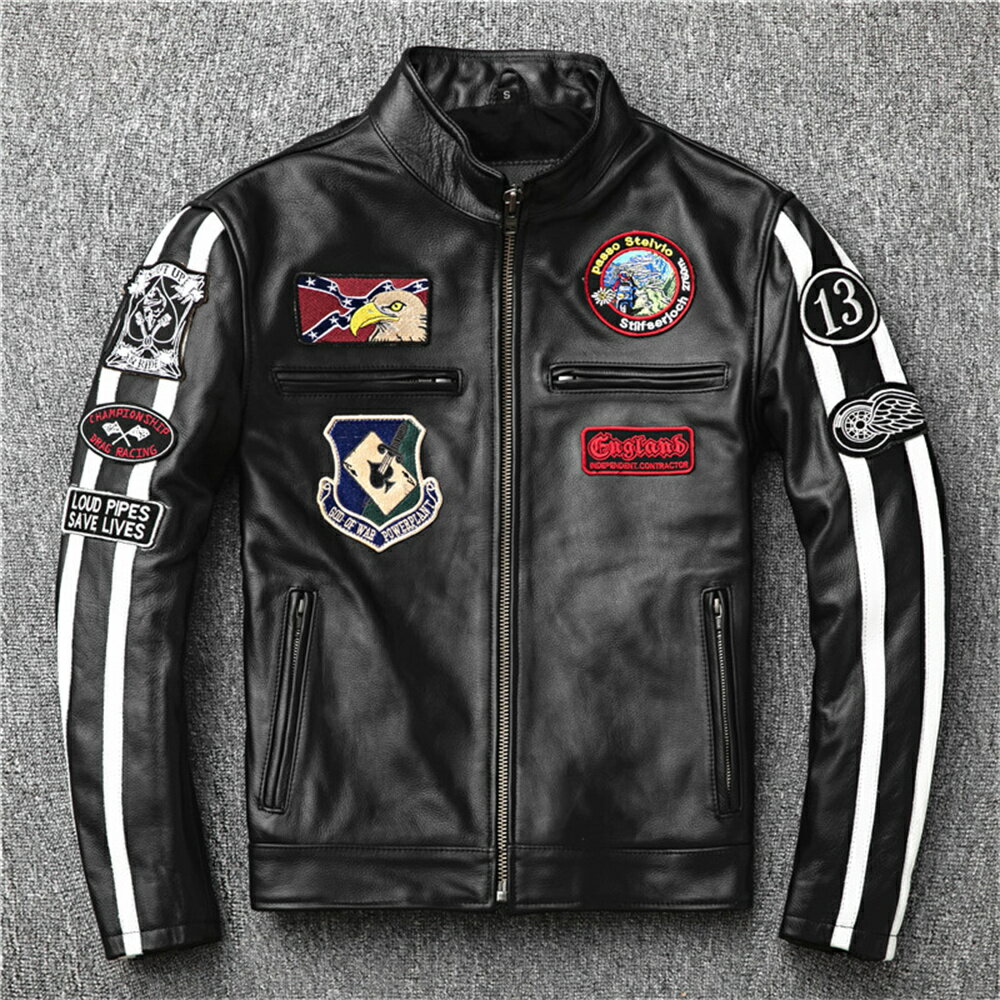 本革ジャケット 革ジャン ライダースジャケット バイクジャケット レザージャケット ワッペン付き 刺繍 牛革ジャケット 牛革 パンク風 牛革 折り襟 メンズ