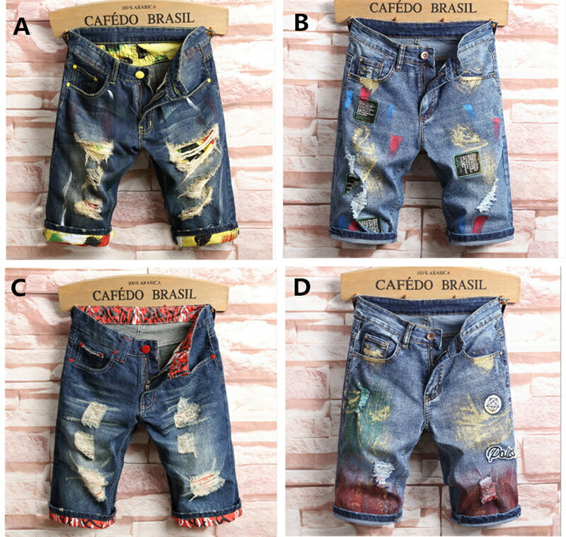 デニム　ショートパンツ 　　ジーンズ　メンズ　デニムパンツ　ストレート　ハーフパンツ　ダメージ加工　ペイント　カジュアル　短パン　男　夏　メンズ