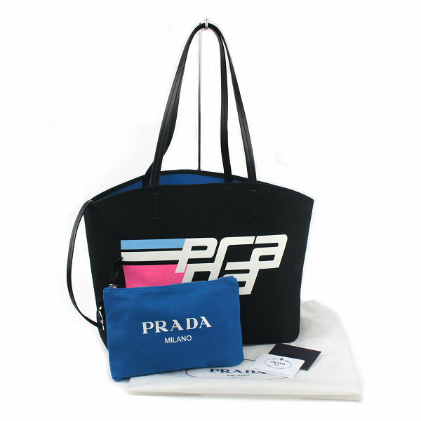 PRADA プラダ ポーチ付き トートバッグ 1BG220 イタリア製 カナパ CANAPA 黒 青 肩掛け 14225 【中古】