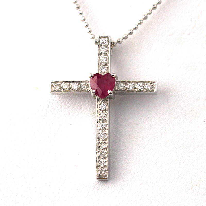 Rakuten - K18WG 18金ホワイトゴールド ネックレス クロス ルビー ダイヤモンド ハートカット 0.51/0.20ct 42cm 22864【中古】