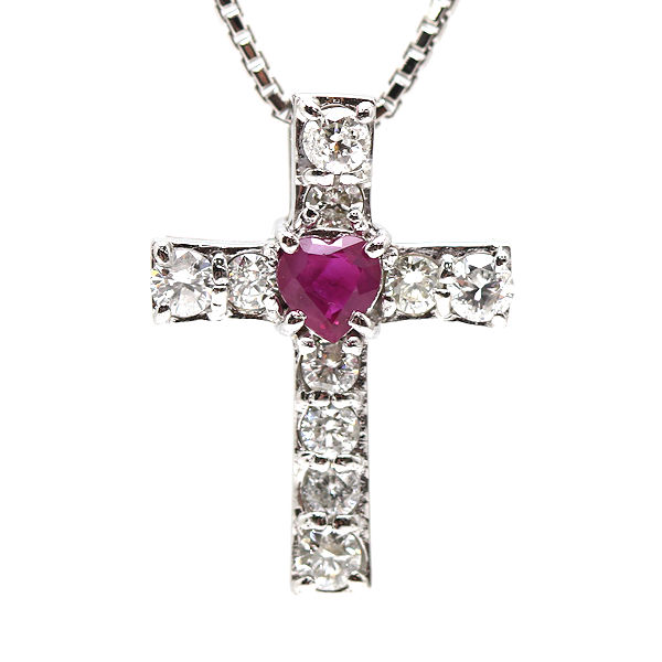 乐天商城 - K18WG 十字架モチーフネックレス 約45cm ルビー 0.28ct ダイヤモンド 0.50ct 18金 ホワイトゴールド クロス ベネチアンチェーン 20844 【中古】