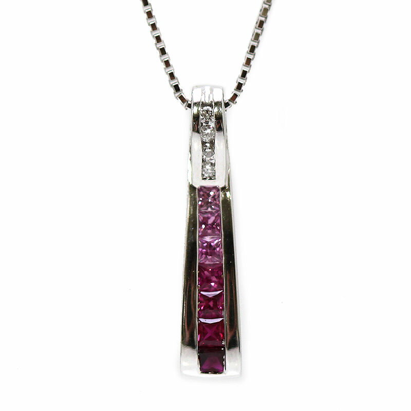 Rakuten - K18WG ルビー ピンクサファイアネックレス グラデーション 0.28ct 0.17ct ダイヤモンド 0.05ct 18金 ホワイトゴールド 約45cm 23100 【中古】